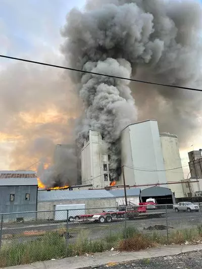 Smoke rising from Pendleton Flour Mills