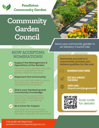Flyer describing applying to be on the garden council. PDF is available below.