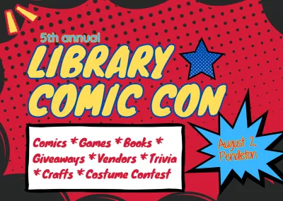 Library Comic Con words on colorful background
