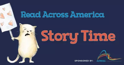 Image of cat holding a sign advertising ALTRUSA sponsored Read Across America Story Time